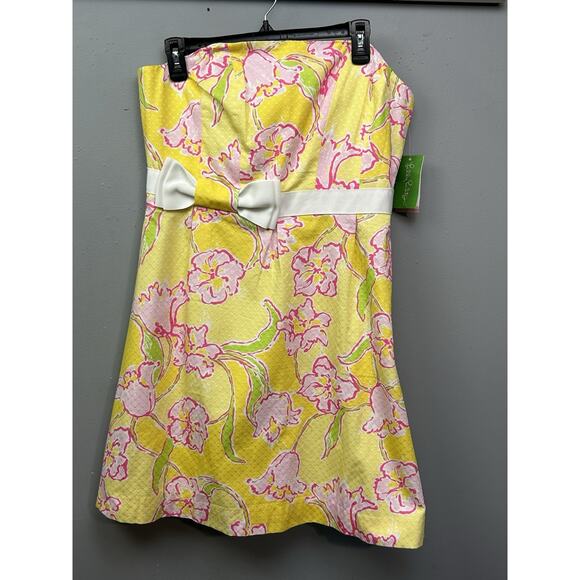 Lilly‎ Pulitzer Amberly Yellow Strapless Bow Mini Dress Womens 12 Starfruit NEW - Picture 1 of 10